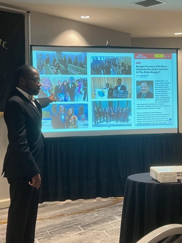 acei06's tweet photo. Dr. Jonathan Madison of the ACEI Board of Directors along with Jevon Brame addresses the attendees of the Alpha Phi Alpha Western Region Leadership Academy & College Brothers Retreat with ACEI’s 2023 update #acei #alphawest #educatingourfuture https://t.co/RmWv2xupaD