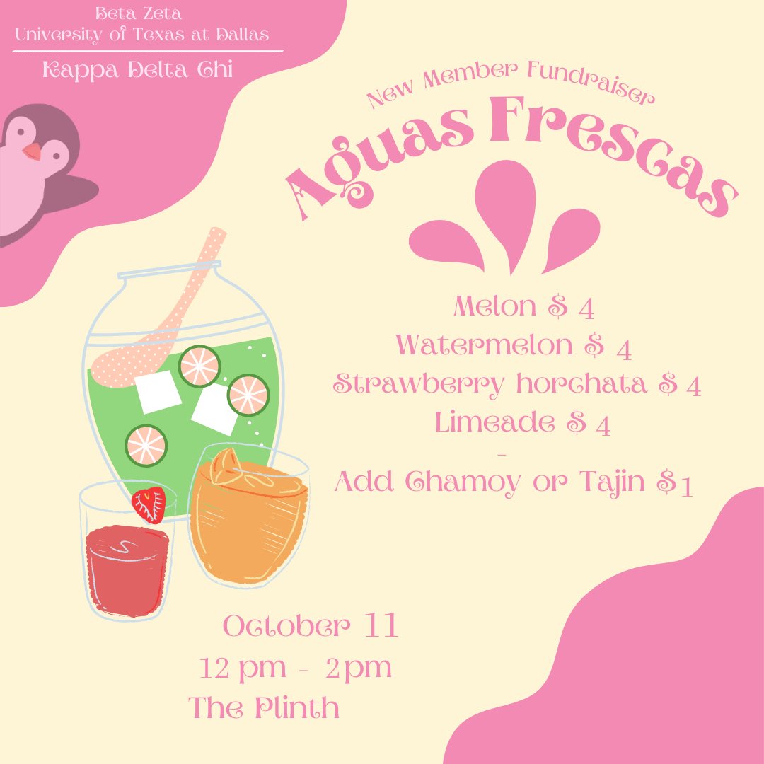 UTDKDChi's tweet photo. -`♡´- New Member Fundraiser -`♡´-
Join us at The Plinth next Wednesday October 11 for our New Member Fundraiser: Aguas Frescas!! 🍈🍉🍋🍓 For any questions or concerns, DM us! 
•
You don’t want to miss it 🫶🏼 https://t.co/TpBHG1Whcb