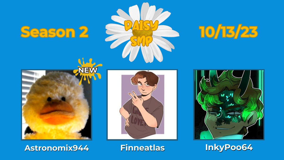 DaisySMP_'s tweet photo. What a great cast we got here!
New Finnland and the Ink isn't coming back... right?
🌼 - Astronomix944
🌼 - @finneatlas
🌼 - @InkyPoo64 https://t.co/cuzsL8R82S