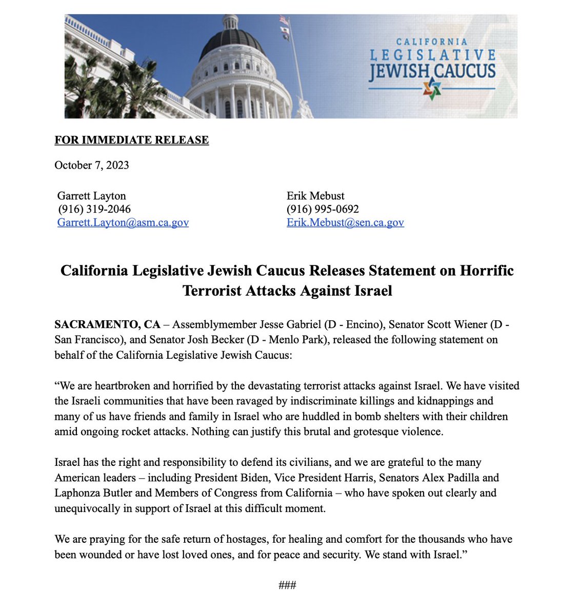 The California Legislative Jewish Caucus Released the Following Statement on the Horrific Terrorist Attacks Against Israel: