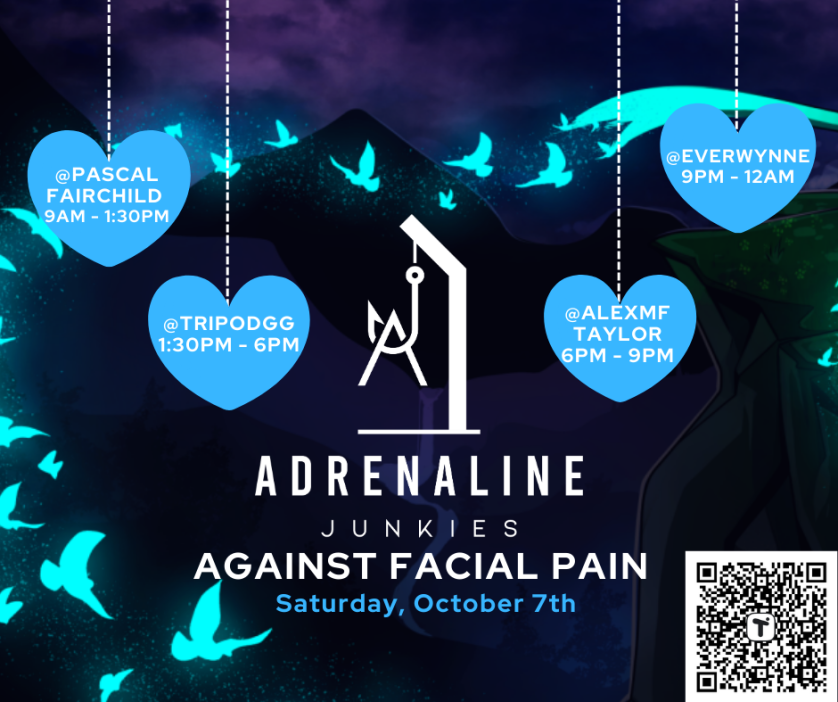 The Adrenaline Junkies stream team is going all day today, raising money for the Facial Pain Research Foundation. We're already near completing the teams goal!
Stop on by for some <a href="/DeadbyDaylight/">Dead by Daylight</a> fun while we raise money for this great cause!

twitch.tv/tripodgg