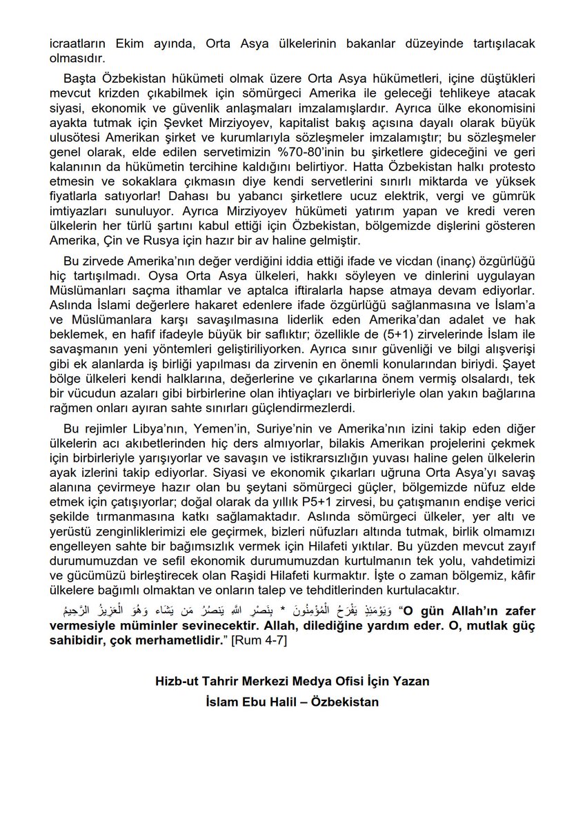 Haber-Yorum #OrtaAsya Ülkeleri ve #Amerika’nın #NewYork’taki (5+1) Zirvesi #Mirziyoyev #Kazakistan #Tokayev #Kırgızistan #Caparov #Tacikistan #İmamaliRahman #Türkmenistan #HizbutTahrir Merkezi Medya Ofisi İçin Yazan İslam Ebu Halil – #Özbekistan hizb-uttahrir.info/tr/index.php/h…