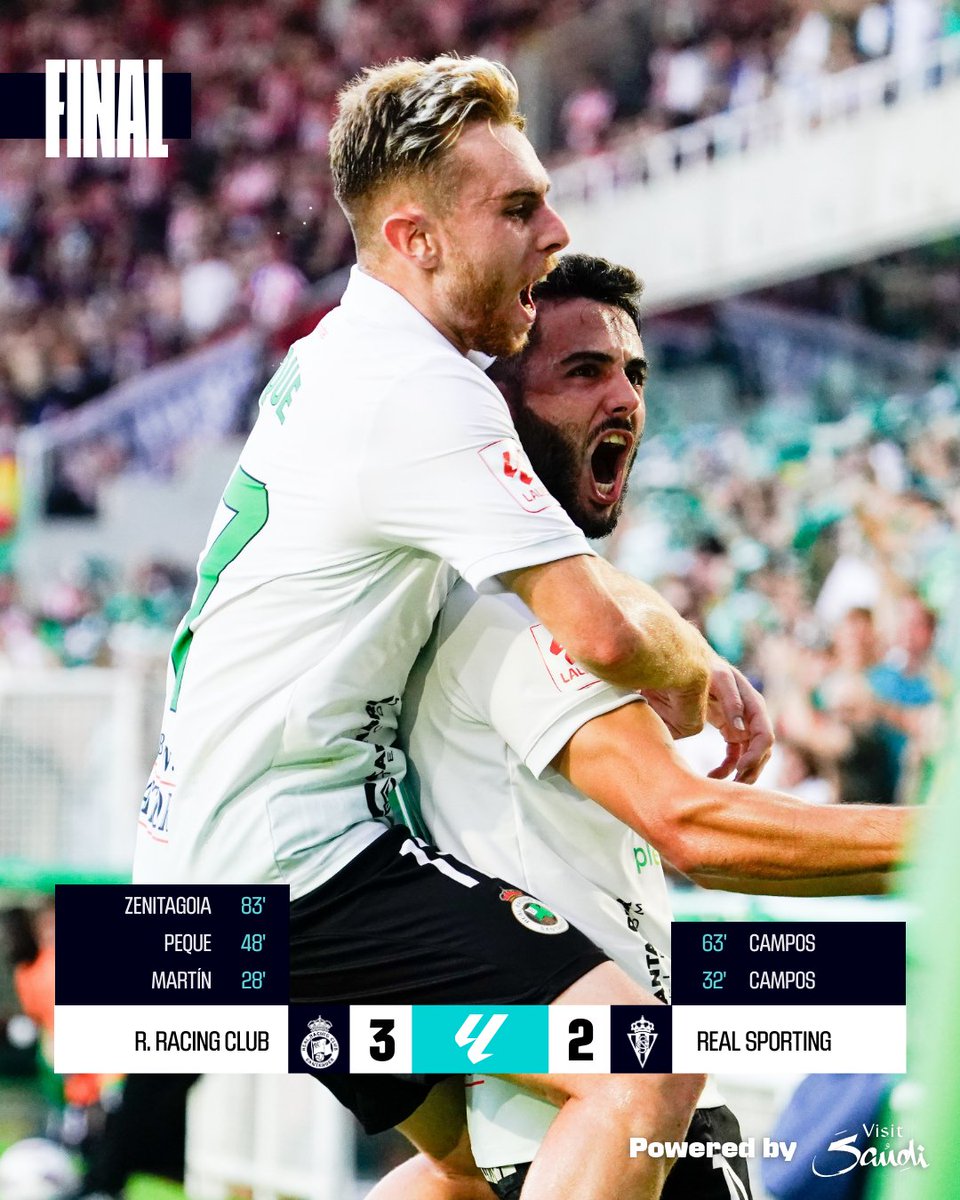 LaLiga2's tweet photo. FINAL #RacingRealSporting 3-2

💚 ¡El @realracingclub vuelve a la senda del triunfo en #LALIGAHYPERMOTION! 

#ResultsByVisitSaudi https://t.co/YFsWqKvVBI