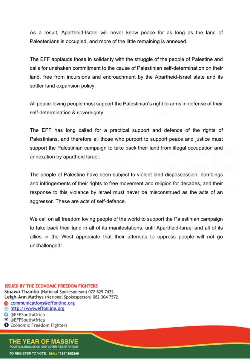 EFFSouthAfrica's tweet photo. EFF Statement On The Escalation Of The Israel-Palestine Conflict. https://t.co/XfBHZNODr2