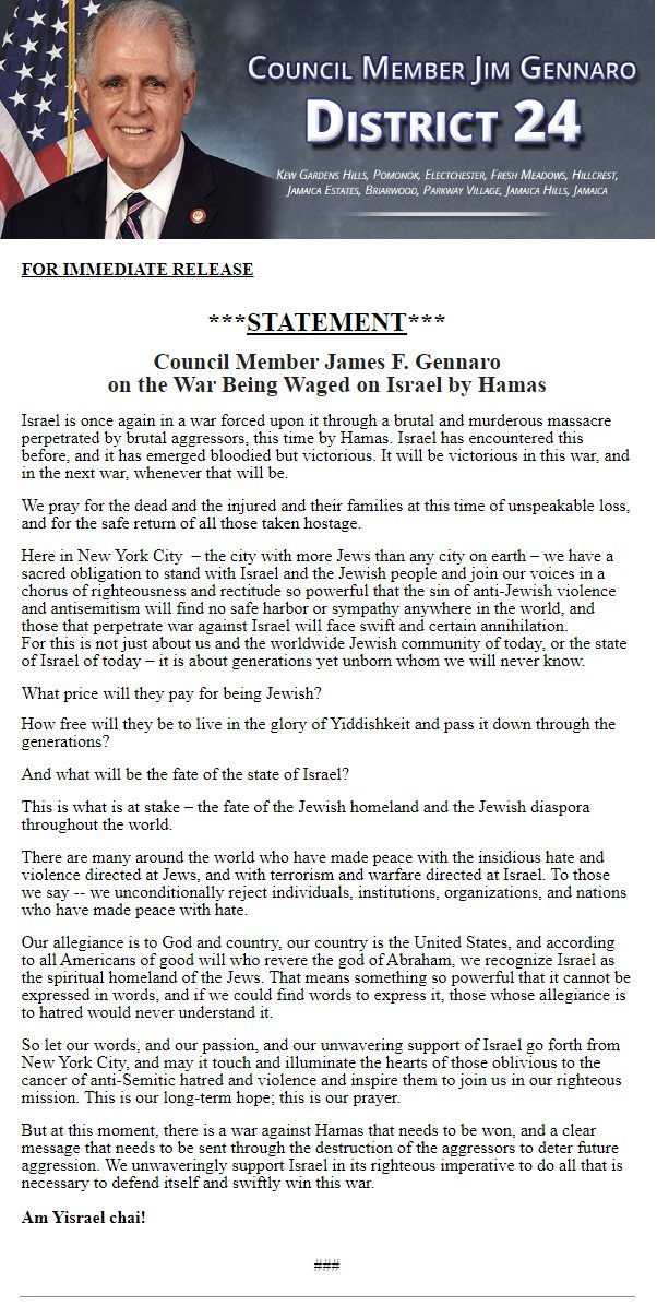Please see my below statement regarding the war being waged on Israel by Hamas.