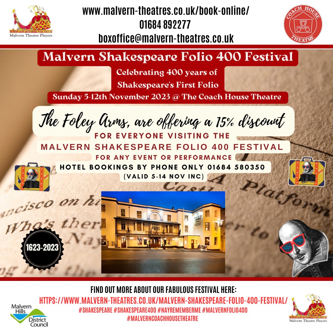 Amelia Marriette MA (@Writing_Austria) (@writing_austria) on Twitter photo Book now for the Malvern Shakespeare Folio 400 Festival in November at the Coach House Theatre Malvern & get 15% off Foley Arms Hotel.
The Festival link:
malvern-theatres.co.uk/malvern-shakes…
#visitthemalverns #malverntheatreplayers #shakespeare400 #nayrememberme <a href="/LazyBeeScripts/">Lazy Bee Scripts</a> <a href="/Folio400/">Folio400 | Printing Shakespeare</a> Book now for the Malvern Shakespeare Folio 400 Festival in November at the Coach House Theatre Malvern & get 15% off Foley Arms Hotel.
The Festival link:
malvern-theatres.co.uk/malvern-shakes…
#visitthemalverns #malverntheatreplayers #shakespeare400 #nayrememberme <a href="/LazyBeeScripts/">Lazy Bee Scripts</a> <a href="/Folio400/">Folio400 | Printing Shakespeare</a>