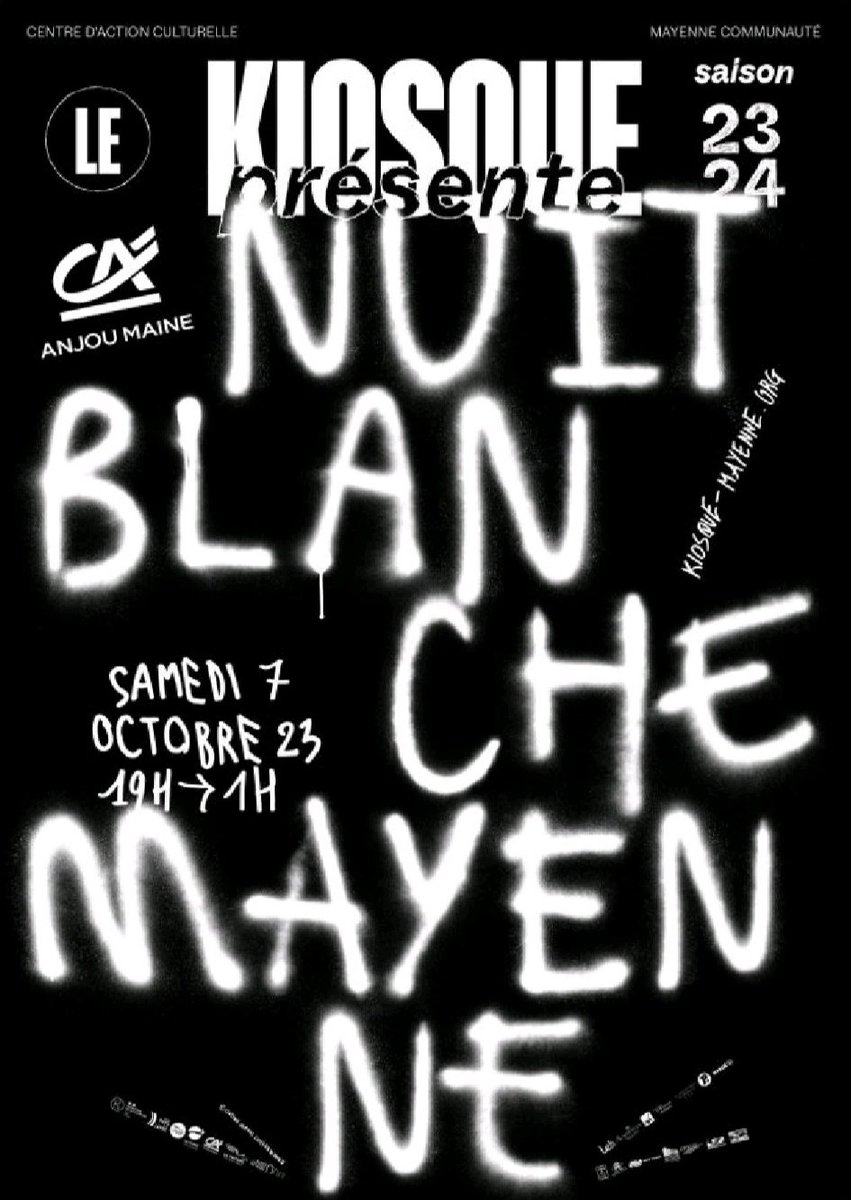Ce 7 octobre, de 19h00 à 1h00 du matin, la ville de #Mayenne organise sa @NuitBlanche, le rendez-vous dédié à l’art contemporain, gratuit et accessible à tous les publics. Venez découvrir les œuvres dans toute la ville ! 
Et c'est avec le #CréditAgricole Anjou Maine bien sûr !
