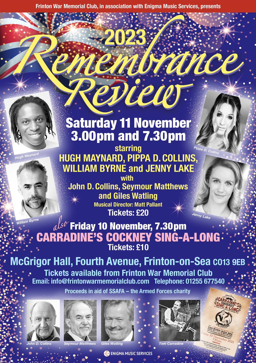 It’s nearly that time of the year REMEMBRANCE REVIEW! 

Saturday 11 November @ 15:00 &amp; 19:30 McGrigor Hall, Frinton-On-Sea

@pippadcollins <a href="/mattpallant/">Matt Pallant</a> <a href="/lake_jenny/">Jenny Lake</a> <a href="/GilesWatling/">Giles Watling</a> <a href="/jcofnavan/">William Byrne</a> <a href="/HughMaynard/">Hugh Maynard</a> #friendswhoarefamily #Frinton