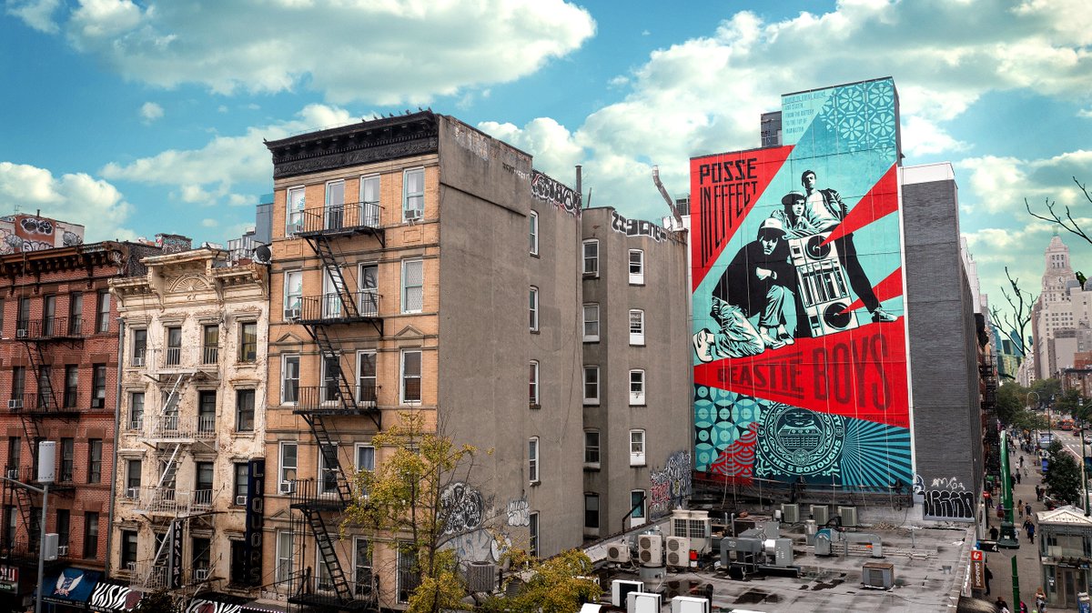 The crew and I just completed an 8-story @beastieboys mural as part of the NYC Hip Hop 50 celebration at the corner of 14th and Ave. A. Read more!: obeygiant.com/posse-in-effec…