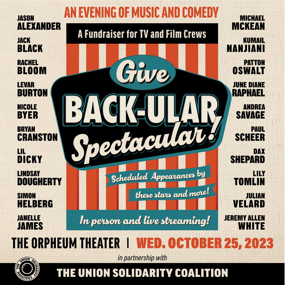 Let's pack out the 2,000 seat Orpheum to raise money for Teamsters, IATSE and support staff impacted by the strikes! 400 free seats will be given to crew members. I'll be there - come join me! Tickets here: ticketmaster.com/the-give-backu…