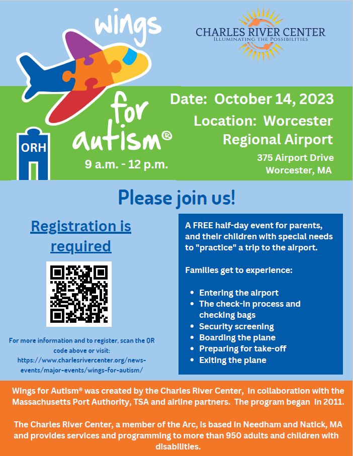 FlyWorcester's tweet photo. REMINDER: Wings for Autism is next Saturday, October 14, from 9am-12pm. Click to register for the FREE event ➡️ https://t.co/jUu7cM2Ecl https://t.co/lCJn1SFh2J