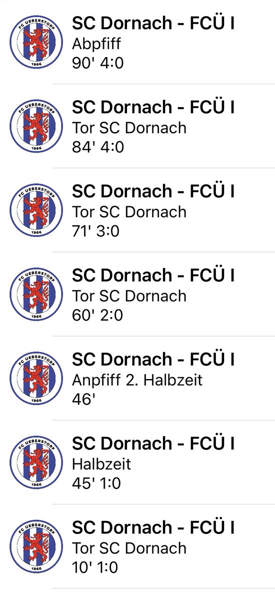 Endstand: Unser 1 verliert mit 4:0 gegen den SC Dornach. Kopf hoch Jungs! 
Screenshot vom Liveticker in FCÜ App. #hoppundhüfcü #fcüapp