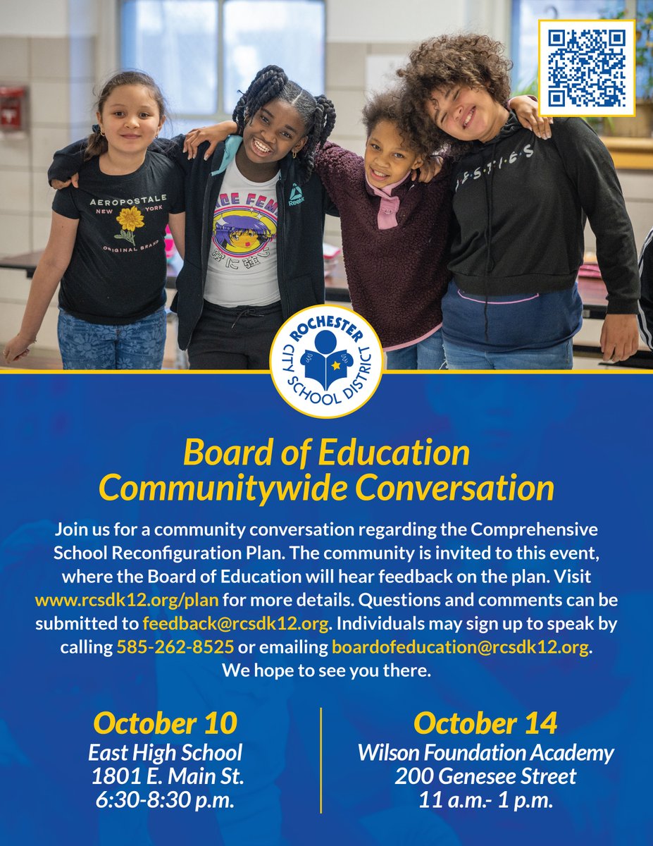 RCSDNYS's tweet image. The RCSD Board of Education invites you to participate in the Communitywide Conversations on the Comprehensive School Reconfiguration Plan. Your input is important.