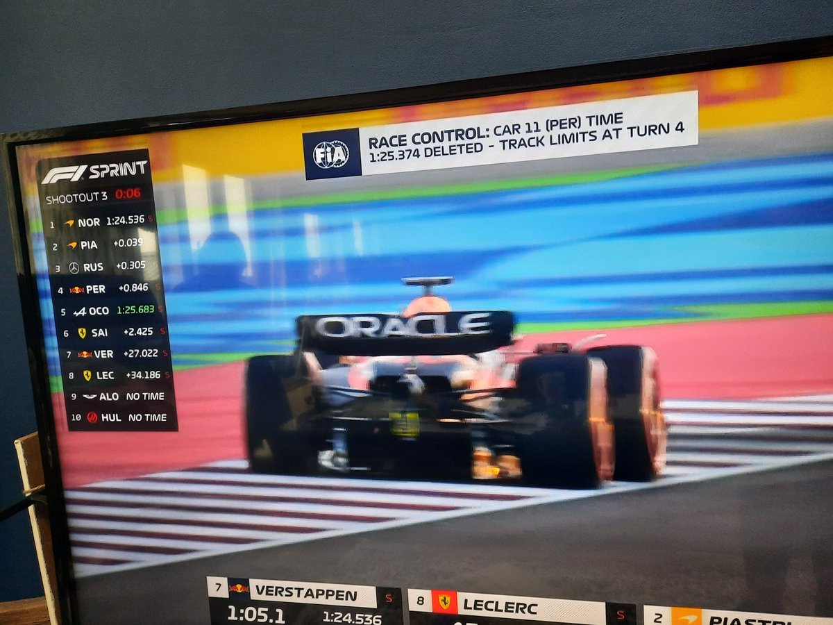 FelicityAnders1's tweet photo. @F1, how has #Verstappen track time not been mentioned or deleted when all 4 wheels are off the track. It is not fair within the race when everyone else was affected. #f1 #f1sprint https://t.co/EQjUi3aOGW