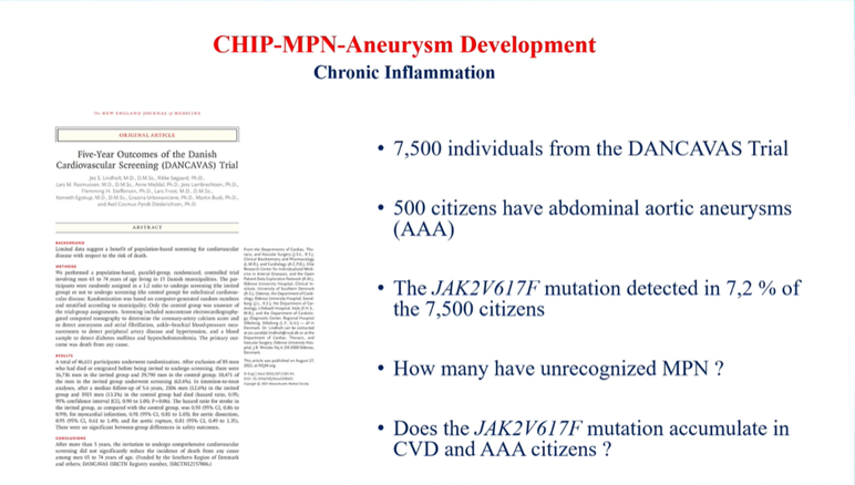 MPN_Hub's tweet photo. CONGRESS | #IACH23 | #MPNCo&D
Hans Hasselbalch @koebenhavns_uni summarizes progression of CHIP to #MPN and prevalence of JAK2V617F mutation in CVD, including association with chronic inflammation (aneurysm and early drusen development, osteoporosis, nephropathy), recurrent infection, second cancer occurrence, and chronic liver disease. Future may lie with early interferon-alpha treatment and CHIP clinics to prevent thrombosis.
@TheIACH #IACH2023 #MPNCo&D #MPN​ #MPNsm