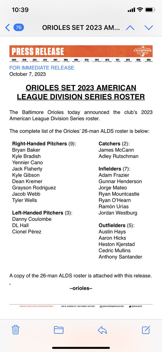 danconnolly2016's tweet photo. Here’s the O’s roster for the ALDS https://t.co/h9pBeSNsLq
