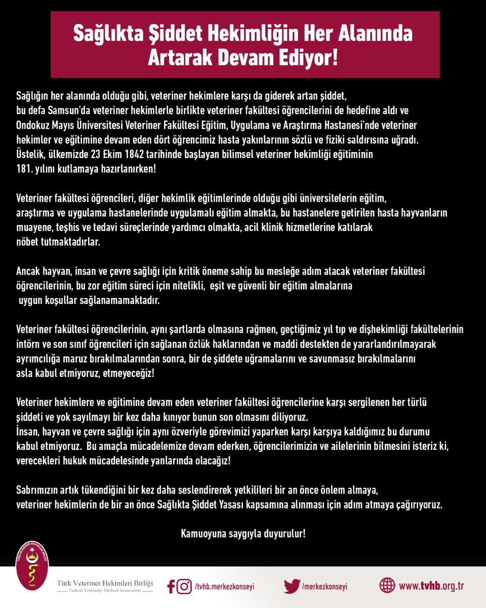 #ŞiddetVarsaVeterinerHekimYok
#VeterinerHekimeŞiddeteSon

Sağlıkta şiddet hekimliğin her alanında artarak devam ediyor!
Bu defa Veteriner Fakültesi öğrencilerimiz darp edildi!

Sağlığın her alanında olduğu gibi, veteriner hekimlere karşı da giderek artan şiddet, bu defa Samsun'da