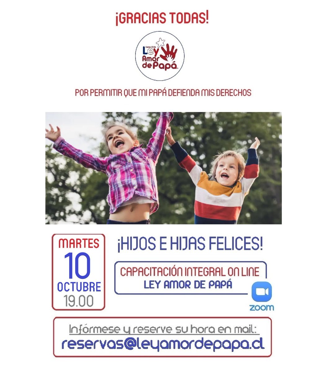 AmordePapa's tweet photo. ¡VAMOS CON TODO EN  LA DEFENSA DE LOS DERECHOS DE NUESTROS HIJOS E HIJAS! y acompañados de los MEJORES PROFESIONALES realmente especialistas

CAPACÍTESE HOY, MAÑANA PUEDE SER MUY TARDE

Para MÁS información escríbanos: reservas@leyamordepapa.cl

VISITE:  https://t.co/JvIp16yrbP https://t.co/NtP3Icvcu4