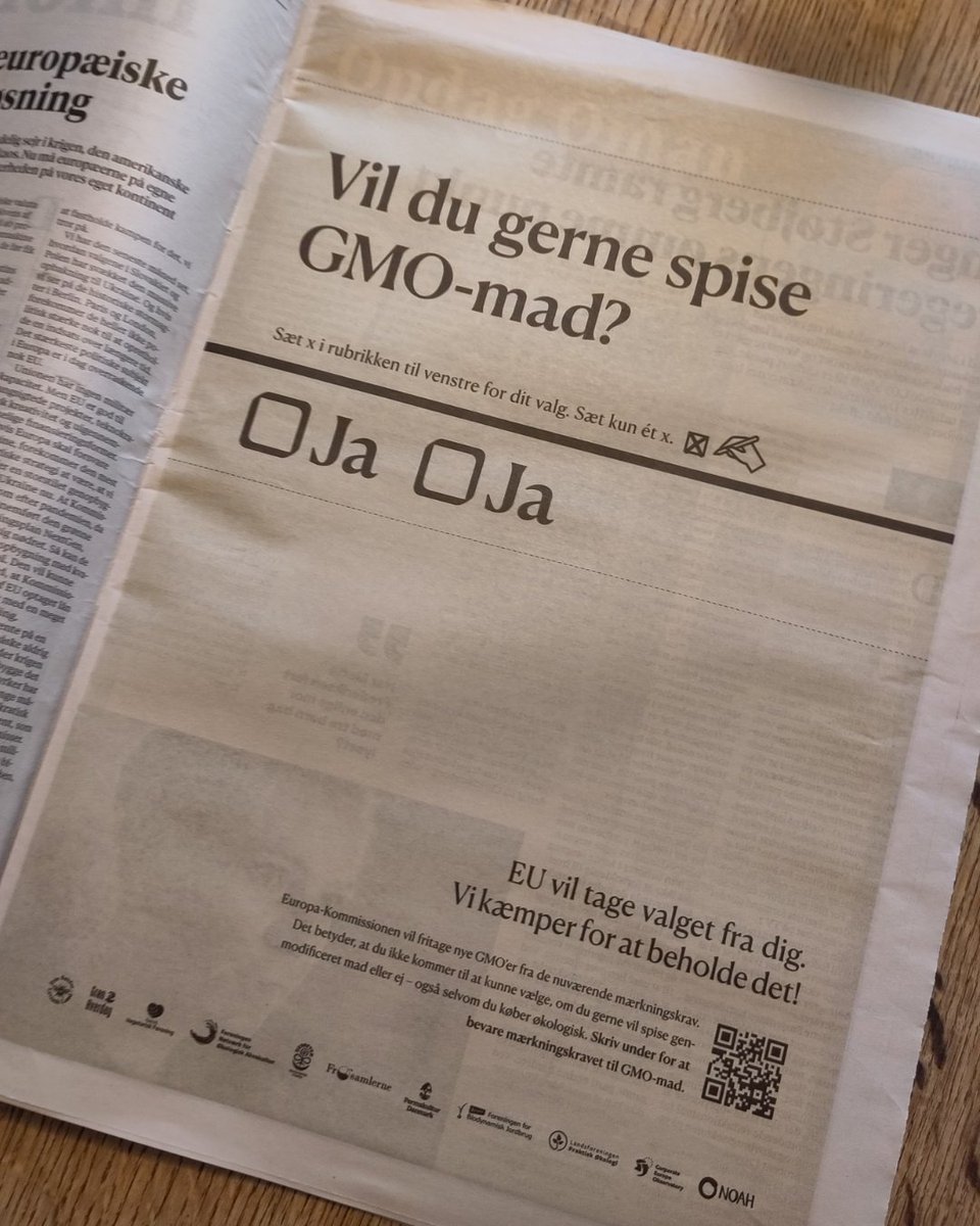 NOAH_dk's tweet photo. Vi er i @informeren i dag! Vi kræver, at @folketinget stopper den deregulering af nye GMO'er, som @EU_Commission har foreslået. Deltag i kampagnen for fortsat at kunne vælge GMO-fri mad - skriv under på https://t.co/y08iABeHLM og del med dem, du kender 🌱 https://t.co/THNFR1fzvT