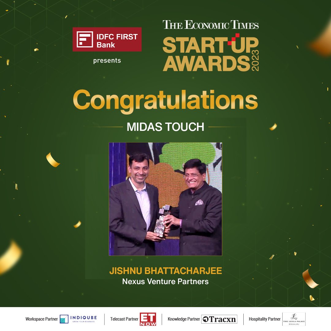 StartupAwardsET's tweet image. A big round of applause for Jishnu Bhattacharjee of Nexus Venture Partners, for his unmatched investment acumen, earning the organisation the prestigious Midas Touch award for exceptional exits and early investments.

#etsa #etsa2023