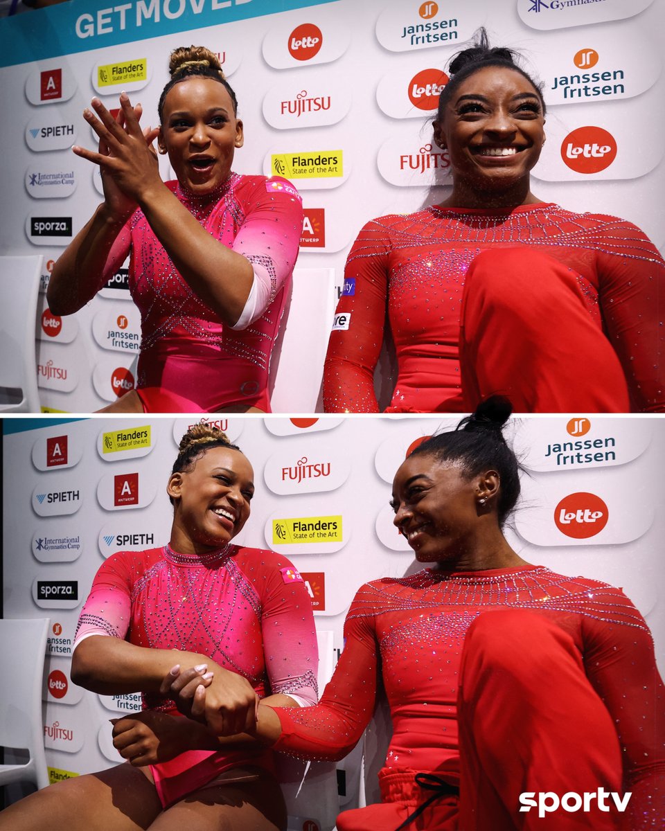 sportv's tweet image. A felicidade genuína pelo outro. Máximo RESPEITO! ❤️👏

#GinasticaNoSportv #Ginastica #MundialDeAntuerpia #RebecaAndrade #SimoneBiles