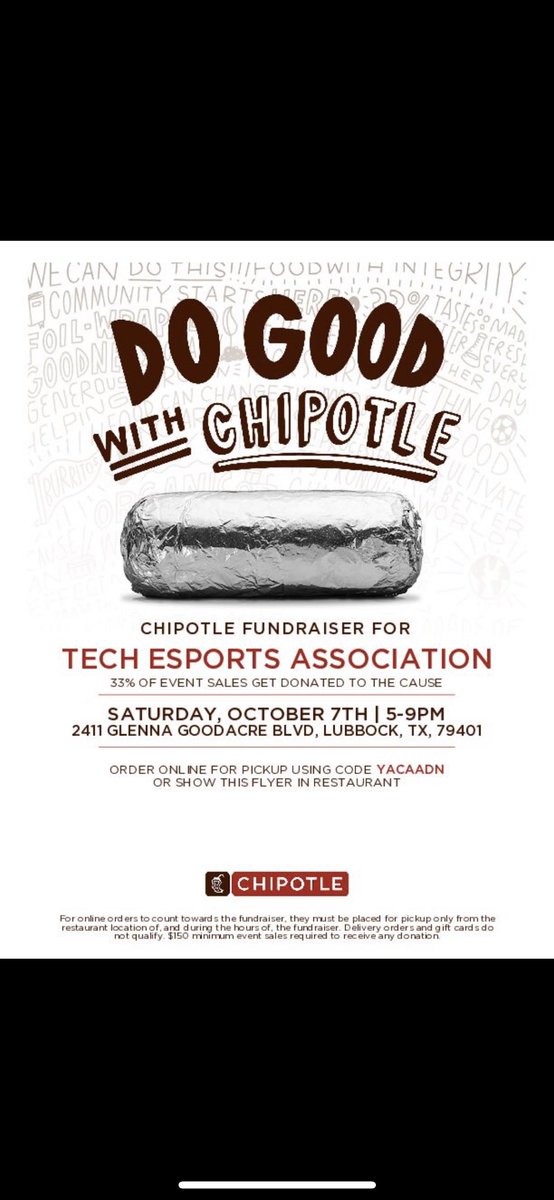hey hey gamers!! come out to our giveback night at chipotle !! From 5-9 come to the chipotle on Glenna Goodcare and say you are with tech esports!!