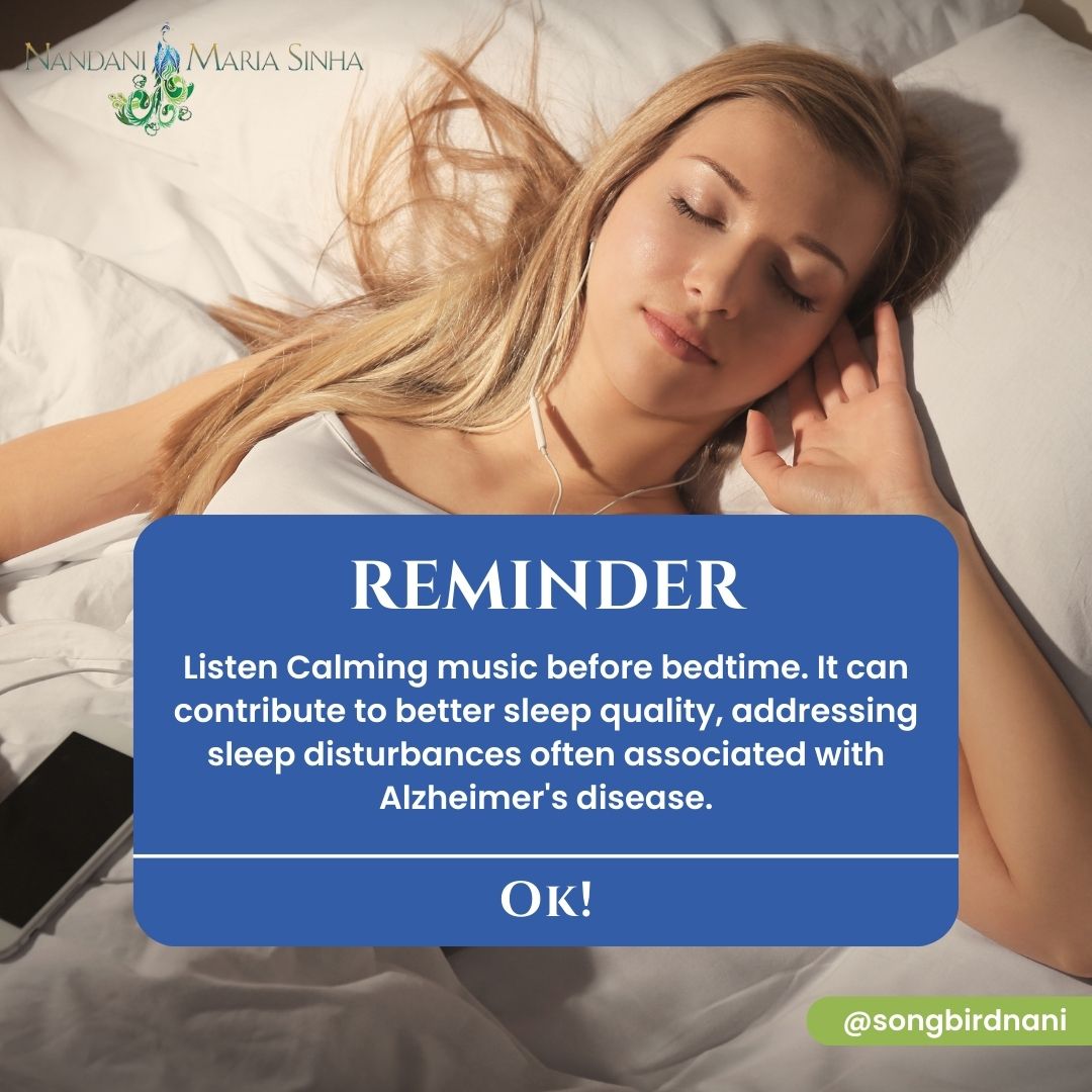 REMINDER: Listen to calming music before bedtime to improve sleep quality and address sleep disturbances associated with Alzheimer's disease. Follow @songbirdnani for more tips on caring for people with Alzheimer's.
.
.
#AlzheimersDisease #sleepquality #calmingmusic #songbirdnani