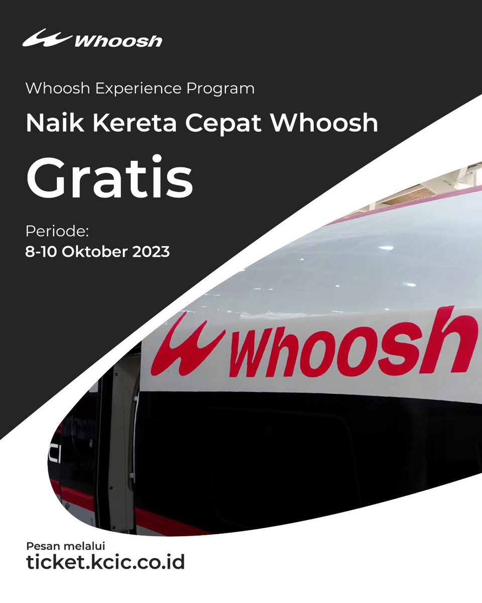KeretaCepatID's tweet photo. Kabar Gembira Untuk Kita Semua~

Halo, Sobat #Whoosh! Buat kamu yang belum merasakan Whoosh Experience Program sensasi naik Kereta tercepat se-Asia Tenggara, ada kabar gembira, nih! Pemesanan tiket gratis naik Kereta Cepat Whoosh kembali dibuka! https://t.co/OIY6lOrOhD