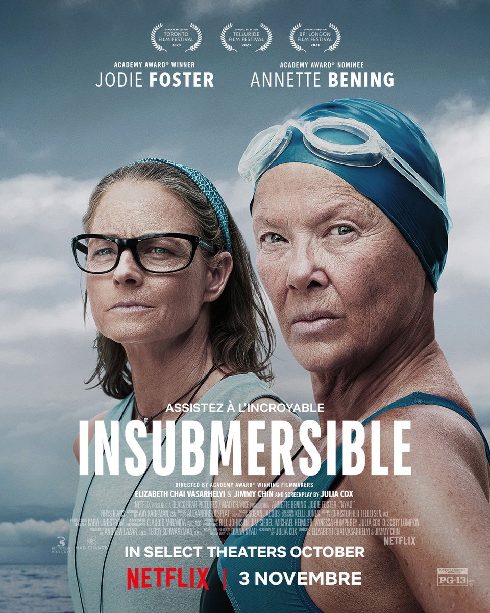 FuckCinephiles's tweet photo. Affiche FR pour le biopic #Insubmersible d'Elizabeth Chai Vasarhelyi avec Annette Bening, Jodie Foster et Rhys Ifans, attendu pour le 3 novembre prochain sur @NetflixFR. #Nyad https://t.co/9RrruY8pLq