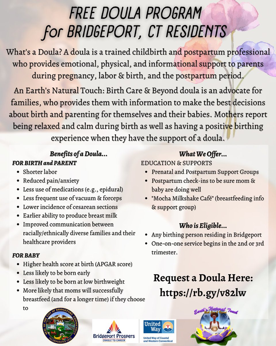 Do you know a #PregnantPerson or new parent who could benefit from FREE Doula support in #BridgeportCT? Share this post with them or tag them in the comments!
