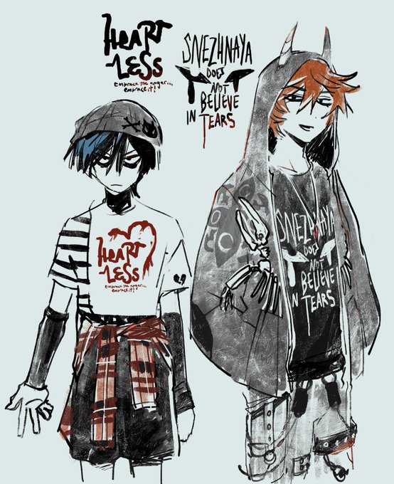 scara and childe if they were emos. really fun to design. made an emo moodboard, put on a 2000s emo playlist, and then went at it 🦅  i tried to emulate their harbinger outfits, so it helped that they already look kinda emo hahaha (scara's arm guards, childe's straps)