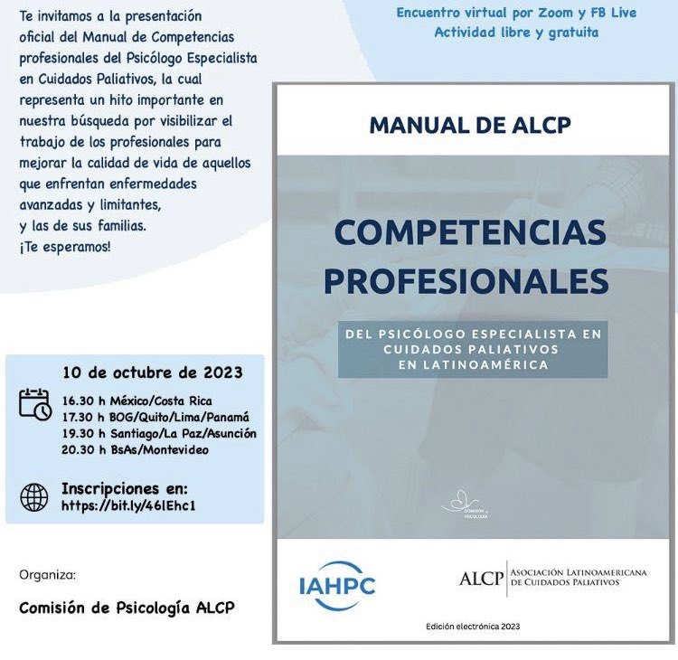 lorena76et's tweet photo. 👉El próximo 📅 10 de octubre a las 17.30 h de Colombia💥lanzamiento oficial del "MANUAL ALCP - Competencias Profesionales del Psicólogo   Especialista en Cuidados Paliativos en Latinoamérica", no te lo pierdas. Puedes registrarte aquí 📌 https://t.co/jPw8wK54Y9 #ALCP https://t.co/drKDlFiJqs