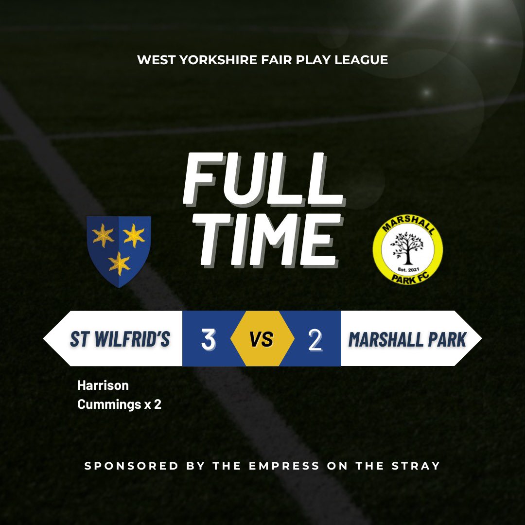 StWilfridsFC's tweet photo. Solid performance this morning.

Having gone 3–0 up in the second half, two late Marshall Park goals made for a nervy finish — but we held on to continue our perfect league start.

Cheers to everyone that came down to support. 👏

⭐️ Kennedy

#AWAW #Someones0HadToGo🟡⚫️🔵 https://t.co/vlsxPDG00W