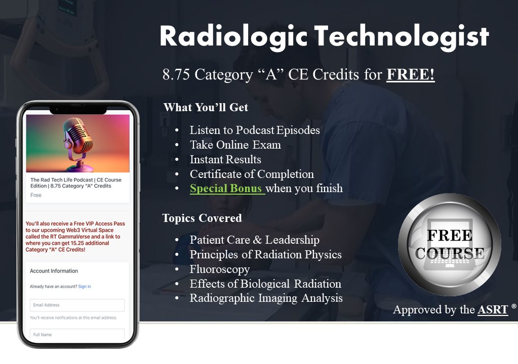 radtechcredits's tweet photo. Radiologic Technologist | 8.75 Free CE Credits! | ASRT Approved!
—
Listen to podcasts on Spotify, answer questions, get results, earn credits! 
—
Visit https://t.co/4pqKqKMx66 and see our pricing page to sign up!
—
•
•
•
•
#xraytech #xray #radiology #radtech #xrays https://t.co/id8plFh1UP