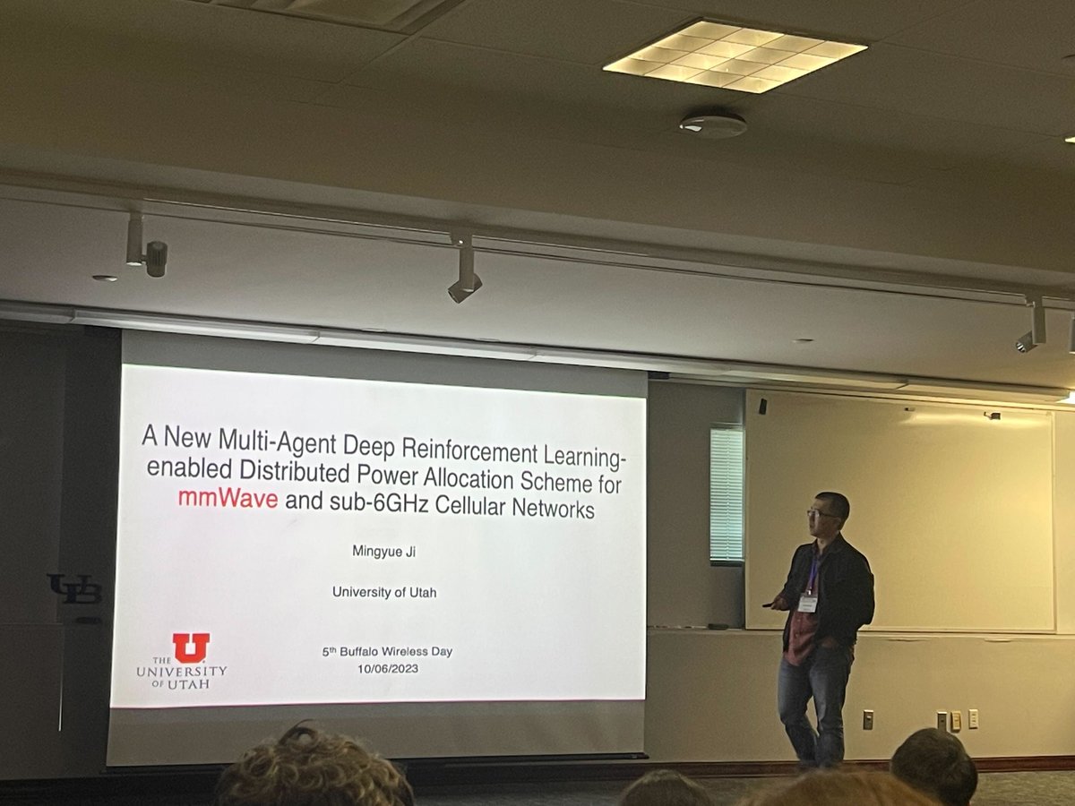 WirelessDay's tweet photo. Mingyue Ji from the University of Utah giving his talk "New Multi-Agent Deep Reinforcement Learning-enabled Distributed Power Allocation Scheme for mmWave and sub-6GHz Cellular Networks". https://t.co/gHf15wRjNT