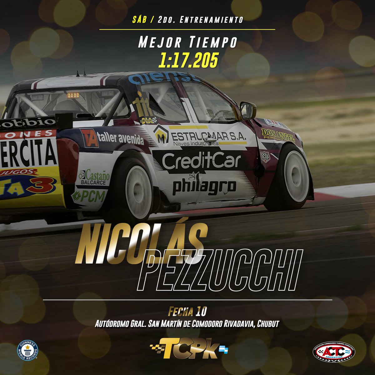 actcargentina's tweet photo. Nicolás Pezzucchi marcó el tiempo más rápido y se queda con el segundo entrenamiento en Comodoro Rivadavia 🤩

⏱️ 1:17.205
🏁 TC Pick Up  
@nicopezzucchi 
#ACTC #CopaDeOroShellVPower https://t.co/m7cJAJqM96