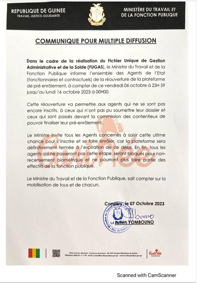 MEFB_GN's tweet image. #Mdb_Info : COMMUNIQUÉ RELATIF À LA RÉOUVERTURE DE LA PLATEFOME DE PRÉ-ENRÔLEMENT DES AGENTS FONCTIONNAIRES ET CONTRACTUELS DE L'ÉTAT !

#MBudgetGN #MTFP #GouvernementGN #PrésidenceGN