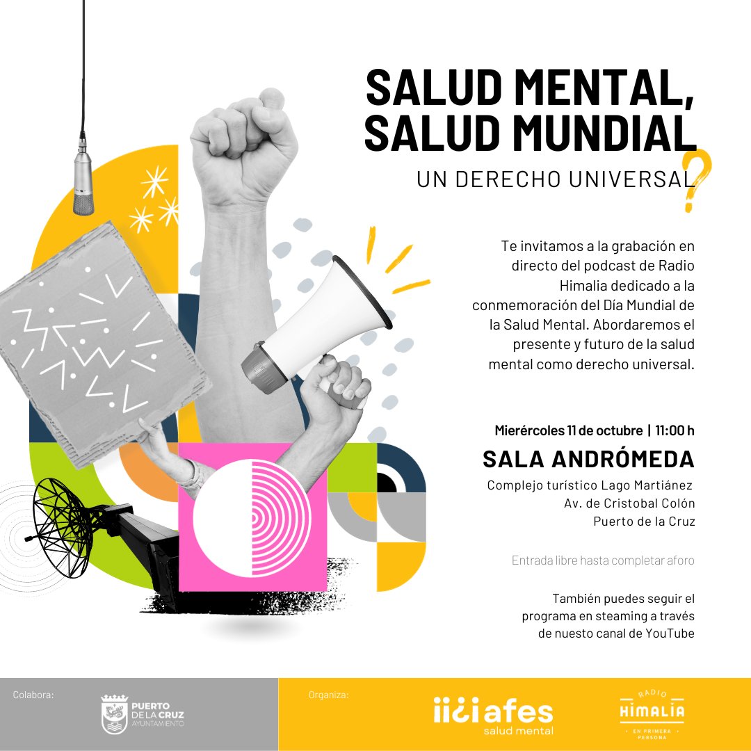 📢Acompáñanos mañana, 11 de octubre, a conmemorar el #DíaMundialdelaSaludMental con un programa especial de <a href="/RadioHimalia/">Radio Himalia</a> en el Lago Martiánez de <a href="/puertodelacruz/">Puerto de la Cruz</a>.🎙️

📌Entrada libre hasta completar aforo.

📌También en streaming.👇
youtube.com/@afessaludment…

¡Contamos contigo!✊