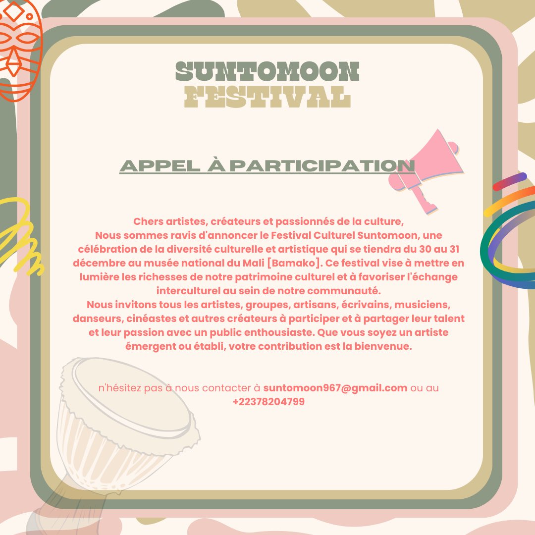 SunToMoon5's tweet photo. 🎉 Rejoignez-nous au Festival Culturel Suntomoon et apportez votre touche unique à cette célébration multiculturelle. Que vous soyez artiste, musicien, danseur, artisan ou simplement passionné par la culture, nous vous invitons à faire partie de cette expérience inoubliable.
+DM https://t.co/ZRhV1TkGJe
