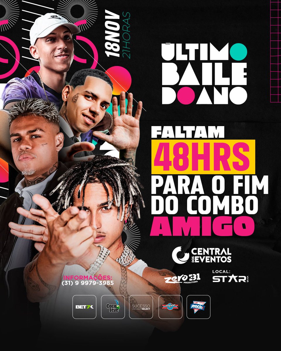 Último Baile Do Ano 

18/11- 21:00

Todas condições⬇️
linktr.ee/zero31produtora

Starr 415 - Jardim Canadá 📍

Combo Amigo Disponível👇🏼 
centraldoseventos.com.br/ultimo-baile-d…

Benefício do combo amigo: economia de 30,00 em cada ingresso open bar totalizando 60,00 e no área vip economia de 20,00.