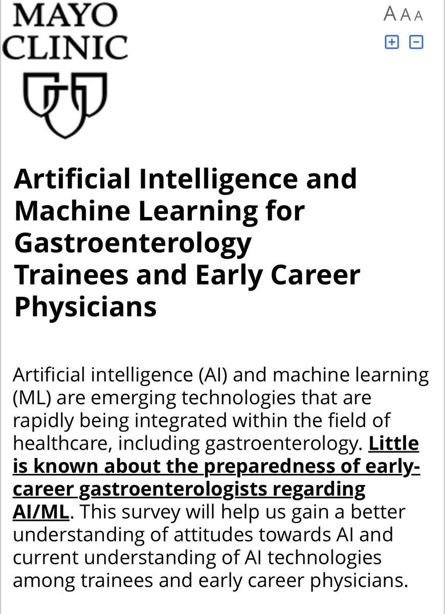 If you’re an early-career GI physician or GI Fellow, this 🔖 is for you!

How well do you understand #ArtificalIntelligence and #MachineLearning ?

Would you like to learn more 👀 &amp; join a group?

Fill out this ⬇️ 
Link: redcap2.mayo.edu/redcap/surveys…