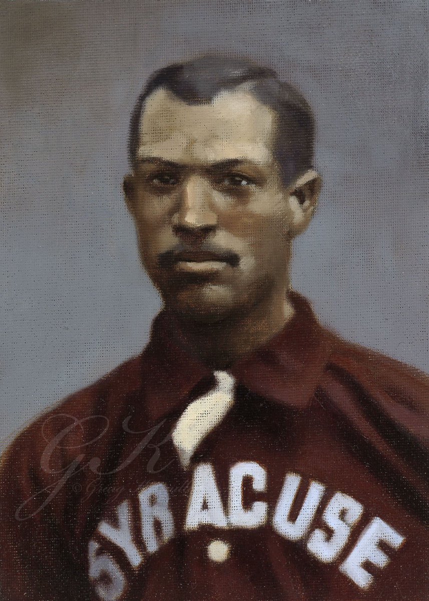 #OTD in 1856, Moses Fleetwood Walker was born in Mount Pleasant, OH. He was one of the 1st African Americans to play in the majors, but also, an inventor, entrepreneur, lecturer and newspaper publisher. Here’s a color study of him with the Syracuse Stars in 1889.