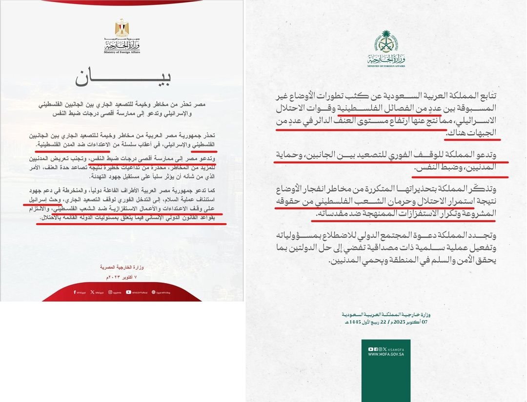 rashadhamed's tweet photo. البيان المصري و البيان السعودي
- البيان المصري اشار للجانب الفلسطيني (أي كل فلسطبن) والسعودي لعدد من الفصائل الفلسطينية (وهي مصنفة عند اوروبا و امريكا منظمات ارهابية).
- البيان المصري أشار ان السبب المباشر في التصعيد سلسلة من الاعتداءات الاسرائيلية على المدن الفلسطينية وهكذا حمل اسرائيل مسؤلية التصعيد وجعل العملية الفلسطينية رد فعل، البيان السعودي اشار لسبب عام ودائم وهو الاحتلال والحرمان من الحقوق و العدوان على المقدسات، وهكذا يكون التصعيد من الجانب الفلسطيني فقط.
- البيان المصري طلب من المجتمع الدولي التدخل لايقاف العدوان الاسرائيلي والاستفزاز و وصف اسرائيل بدولة الاحتلال، بينما لم يطلب البيان السعودي من المجتمع الدولى ايقاف العدوان واكتفي بتكرار ذكر حل الدولتين الشهبر.
البيان المصري افضل كثيرا في ادانة العدوان الاسرائيلى وتحميلهم مسؤلية التصعيد.