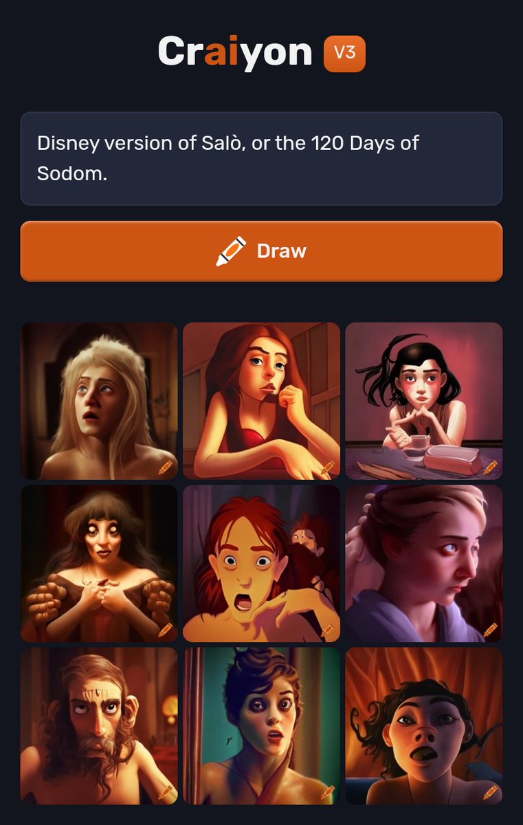 Anewweirdo's tweet photo. #Disney version of #Saloorthe120daysofsodom. #Craiyon #CraiyonAI #Hugginface #AI #StableDiffusion #StableDiffusion2 #prompt #DallEmini #DALL·E #art #Aiart #aiartist #aiartcommunity #AIArtworkStable https://t.co/wGkj1LBlD4