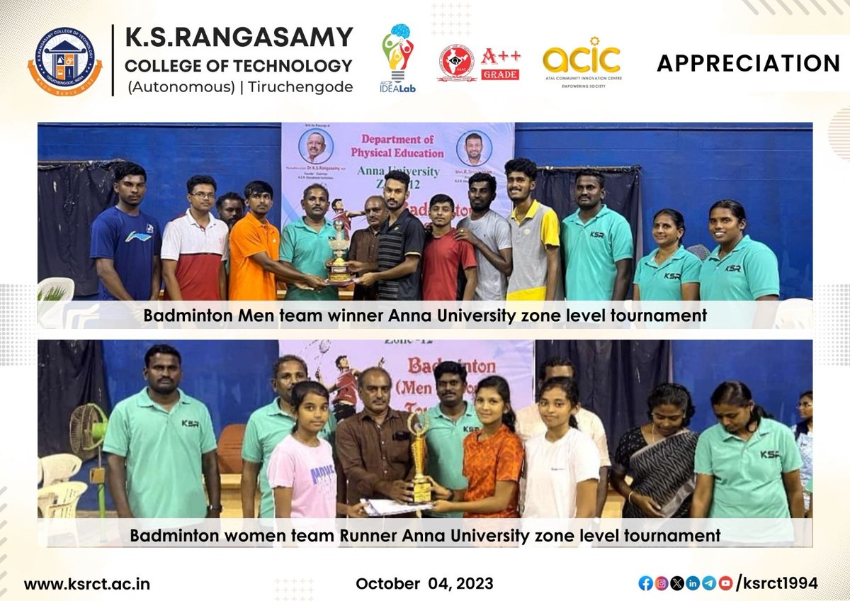 ksrct1994's tweet photo. Hearty Congratulations to #ksrct1994 #Badminton #MenTeam and #WomenTeam for being the #Winner and #Runner of #AnnaUniversity Zonal #BadmintonTournament 2023 respectively. https://t.co/KlEPk3CeQo