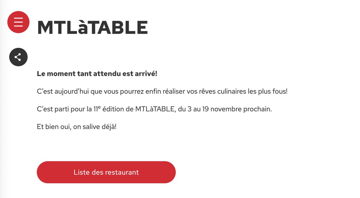 amparent23's tweet image. MTLàTABLE mtlatable.mtl.org/fr/accueil Merci de corriger les fautes de votre page d'accueil: «Eh bien oui» (au lieu de «Et bien oui») et dans le rectangle rouge: «restaurants» au pluriel!
MTLàTABLE 📷