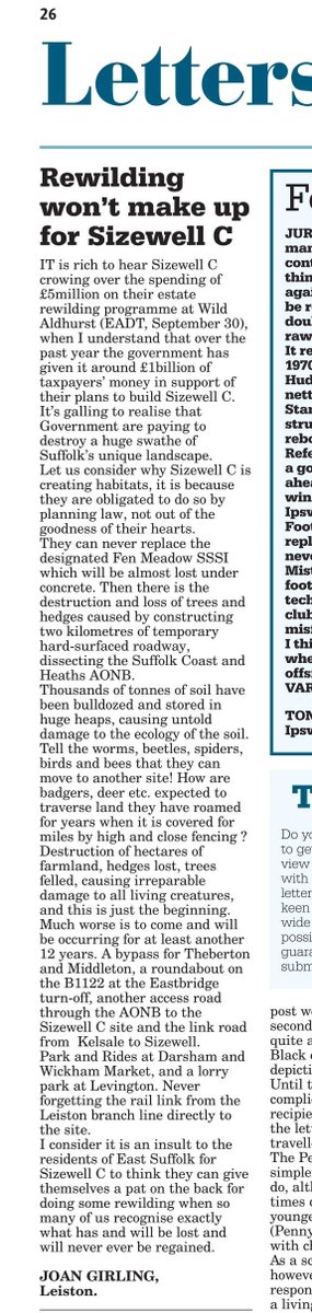 Excellent letter in <a href="/EADT24/">East Anglian Daily Times</a> 
"it is an insult to the residents of East Suffolk for Sizewell C to think they can give themselves a pat on the back for doing some rewilding when so many of us recognise exactly what has &amp; will be lost &amp; will never ever be regained"
#SayNo2SizewellC