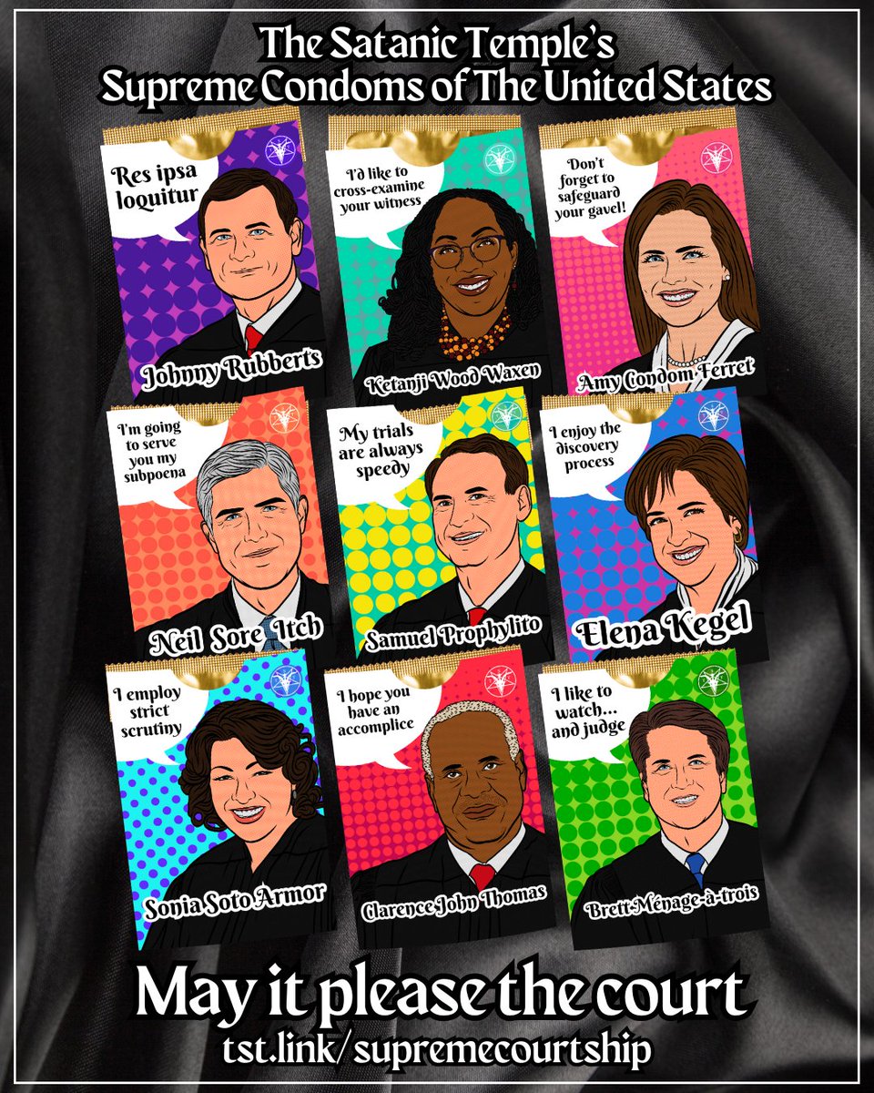 satanic_temple_'s tweet photo. With a “Significant Other” Donation to the Supreme Courtship fundraiser, you’ll receive 9 individual condoms, each packaged in its own custom designed sleeve dedicated to each Supreme Court justice. Get yours today: https://t.co/39vb7XiL0U https://t.co/4I15Yr0ERs