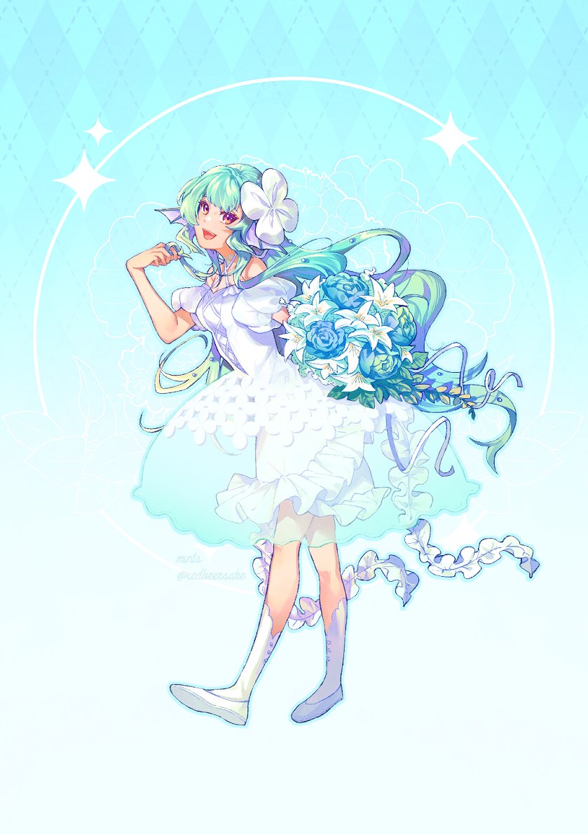 finana ryugu 1girl fish girl flower dress solo green hair head fins  illustration images