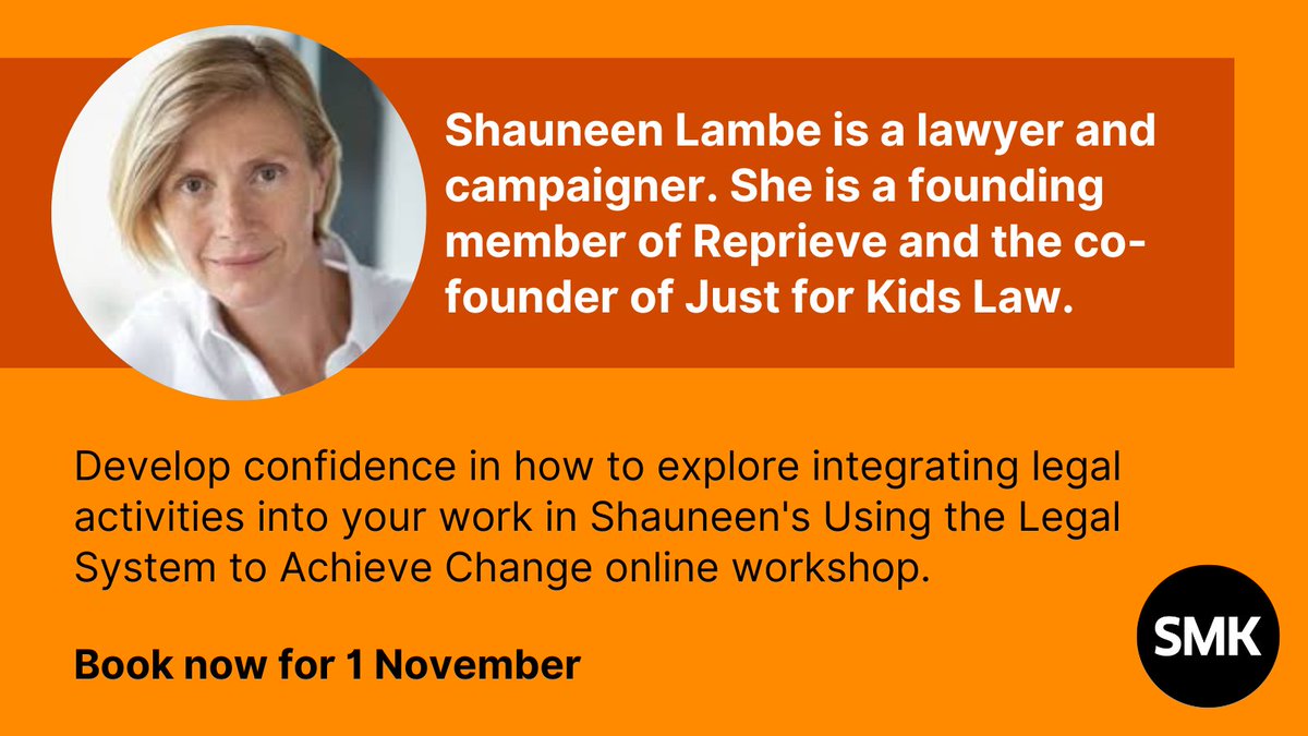 Sheila McKechnie Foundation (SMK) (@smkcampaigners) on Twitter photo This workshop is led by <a href="/ShauneenLambe/">Shauneen Lambe</a> of <a href="/Justforkidslaw/">Just for Kids Law</a> & is for anyone considering changing the law as a way to achieve their campaign goal.⚖️
Head here to find out what else will be covered and to book your place: smk.org.uk/event/using-th…
Wed 1st Nov 2023, 2-5pm This workshop is led by <a href="/ShauneenLambe/">Shauneen Lambe</a> of <a href="/Justforkidslaw/">Just for Kids Law</a> & is for anyone considering changing the law as a way to achieve their campaign goal.⚖️
Head here to find out what else will be covered and to book your place: smk.org.uk/event/using-th…
Wed 1st Nov 2023, 2-5pm